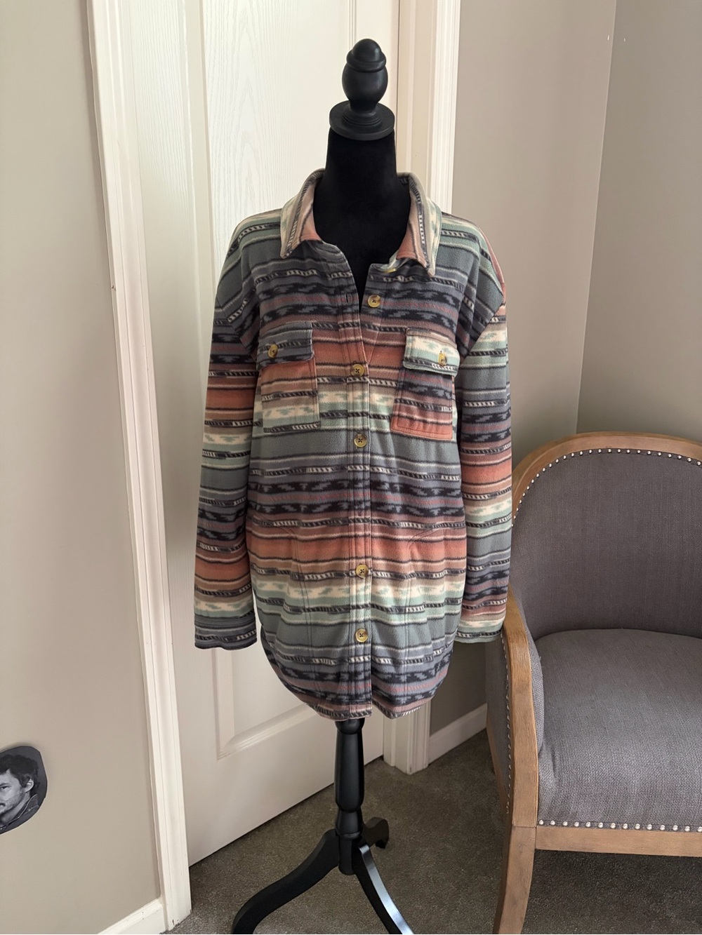 O'Neill Striped Lightweight Shacket in Green, Rust, Gray, Cream